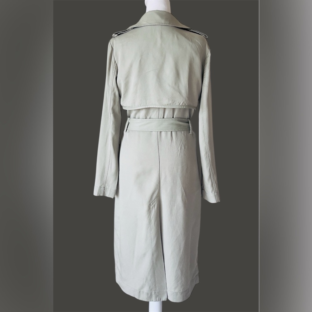 Badgley Mischka Faux Leather Trim Angelina Long Trench Coat in Sage Light Green - Picture 6 of 9